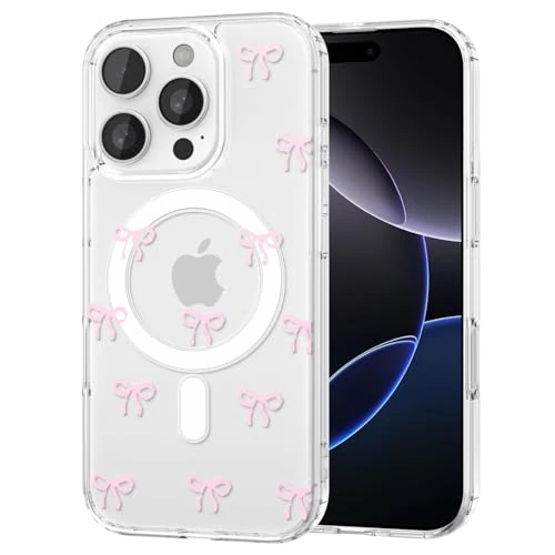TVVTPU Magnetyczne etui na iPhone 16 Pro Max kompatybilne z MagSafe, przezroczyste etui z kokardą wzór silikonowy TPU zderzak ochrona odporna na wstrząsy obudowa odporna na zarysowania, różowy