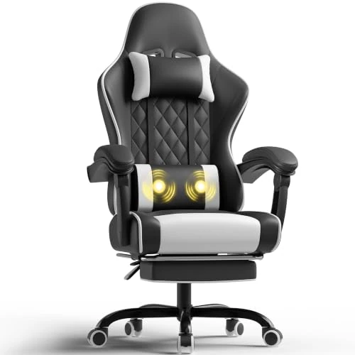 Offerta a tempo: JUMMICO Sedia da Gaming Massaggiante Ergonomica, Poltrona Gaming con Poggiapiedi Telescopico, Cuscino Lombare Vibrazione e Poggiatesta, Schienale Reclinabile 90-135°, colore: bianco e nero - 29% da 113.28 € a 79.99 €