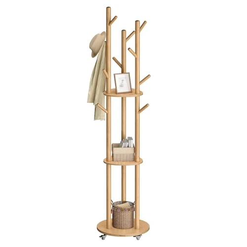 VASAGLE Wieszak na ubrania, wieszak na ubrania z 11 haczykami i 3 półkami, 4 obracane o 360° kółka i zdejmowane koła, drewniane haczyki i słupki, do wejścia, sypialni, salonu, naturalny RCR023YK01