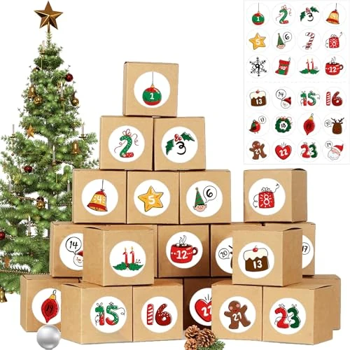 Offerta a tempo: BELSVOR 2025 Calendario Avvento, 24 scatole natalizie, 24 adesivi, Calendario dell'Avvento da riempire con regali/caramelle, Calendario dell'Avvento da riempire 2025 - 50% da 5.99 € a 2.99 €