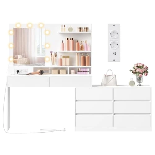 Offerta a tempo: VASAGLE KAILYN Collezione - Tavolo da Toeletta con Specchio LED e Multipresa, Tavolo da Trucco, 9 Lampadine, 8 Cassetti, 3 Ripiani, Illuminazione a 3 Colori, in Linea o a L, Bianco Nuvola RDT140WB01 - 0.00% da 167.99 € a 167.99 €