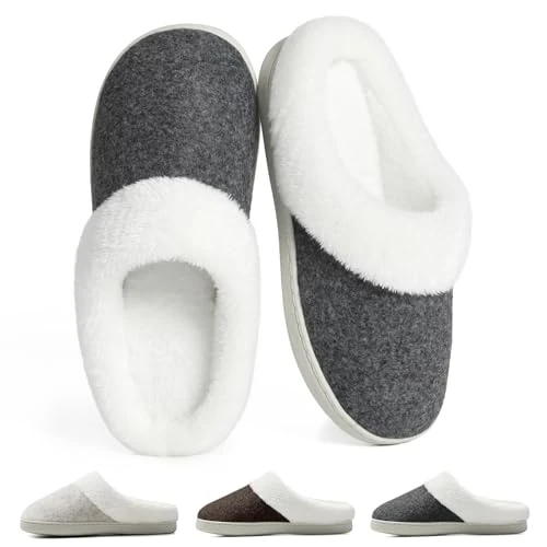 SROTRAS Women Men Winter Comfortable Slippers House Slipper Slippers Non-Slip Furry Warm Soft Memory Foam Indoor Outdoor Slippers, grey, 2/3 UK