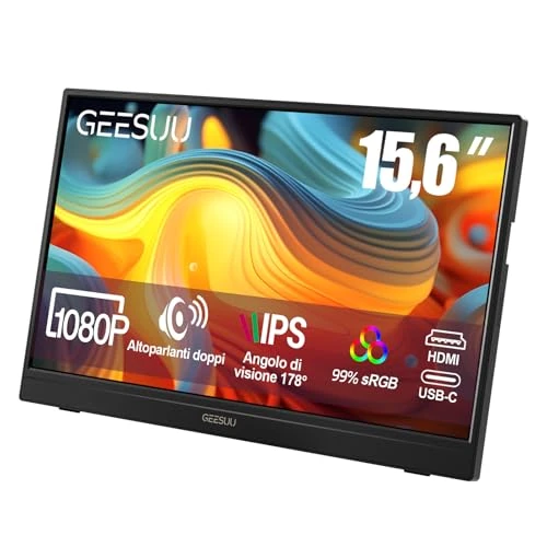 GEESUU 15.6 Inch Monitor Portatile, Schermo con Casse Integrate & Audio Integrato, Full HD, 1080p, 60Hz, IPS, Supporto Rotante a 90°, HDMI/Type-C