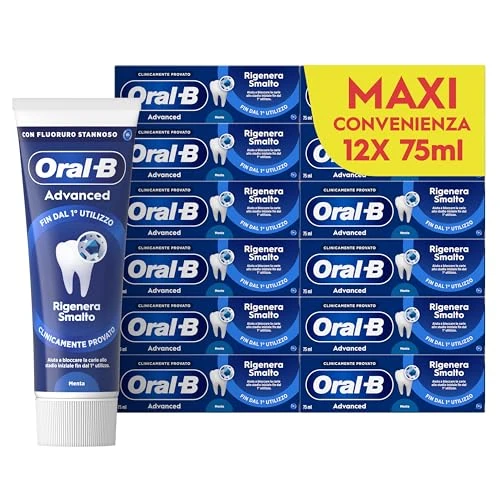 Oral-B Advanced pasta do zębów regeneruje szkliwo 12x75 ml, pasta do zębów Oral B regeneruje szkliwo zębów, ochrona próchnicy zębów do codziennego użytku, skuteczne czyszczenie zębów, smak miętowy i