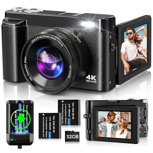 Oferta limitada: Cámara Digital 4K,Oiadek 48MP Autofocus Cámara de Fotos con 32G Tarjeta de Memoria 16X Zoom Digital,Camara Fotos Digital con 3.0 Pulgadas 180 ° Flip Pantalla y Cargador de Batería para Adolescentes de 109.99 EUR a 79.99 EUR (ahorro 27%)