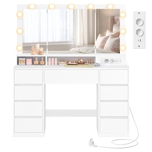 Offerta a tempo: VASAGLE KAILYN Collezione - Toeletta con Specchio a 3 Ante, 11 Lampadine a 3 Colori, Multipresa, 9 Cassetti, Tavolo da Trucco, Montaggio delle Guide Senza Attrezzi, Bianco Nuvola RDT146WB01 - 0.00% da 154.99 € a 154.99 €