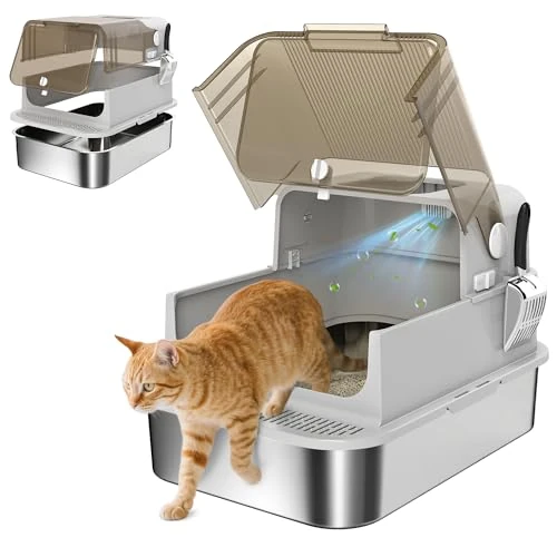 PawHut Arenero para gatos XXL con tapa de acero inoxidable, arenero cerrado con tapa abatible a 90°, puertas dobles, pala y desodorante, capacidad 20 kg, 70 x 50 x 46,5 cm, gris