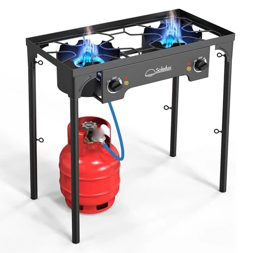 SOLEILUX 2 Burner Stove 75 x 38 cm 3 in 1 Raised Outdoor LPG with Piezo Ignition H 81 cm – Black