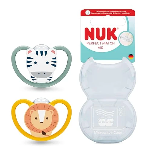 NUK Perfect Match Air Baby Dummy | 6-18 miesięcy | Ortodontyczne smoczki wspomagające przepływ powietrza i zapobiegają wysypce ślinowej, 95% akceptacji dziecka** | lew i zebra | 2 liczby
