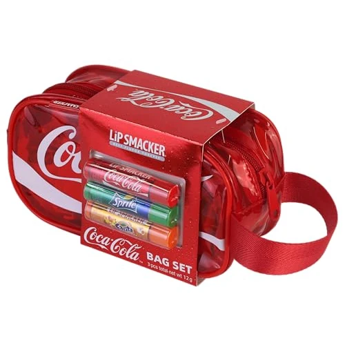 Lip Smacker Coca-Cola Handy Bag Set, 3 Bálsamos Labiales para Niños con Sabor Original Coca-Cola, Fórmula Transparente e Hidratante