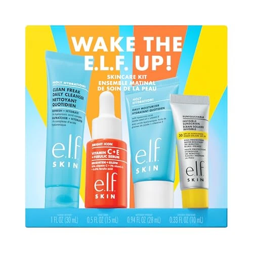 e.l.f. SKIN Wake the e.l.f. Up Skincare Kit, limpiador facial hidratante de tamaño viaje, protector solar, crema hidratante y suero blanqueador, vegano y libre de crueldad