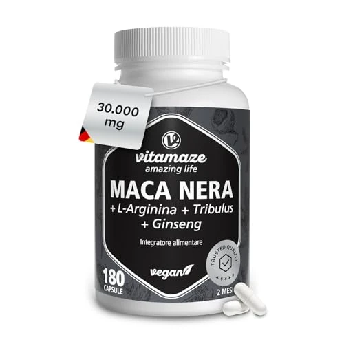 Offerta a tempo: Complesso di Maca Nera Altamente Dosato, 30.000 mg per Dose Giornaliera, 500 mg di Estratto di Maca 20:1 con L-Arginina, Tribulus, Ginseng, Zinco, Vitamine B, 180 Capsule Vegane, Made in Germany - 0.00% da 21.89 € a 21.89 €