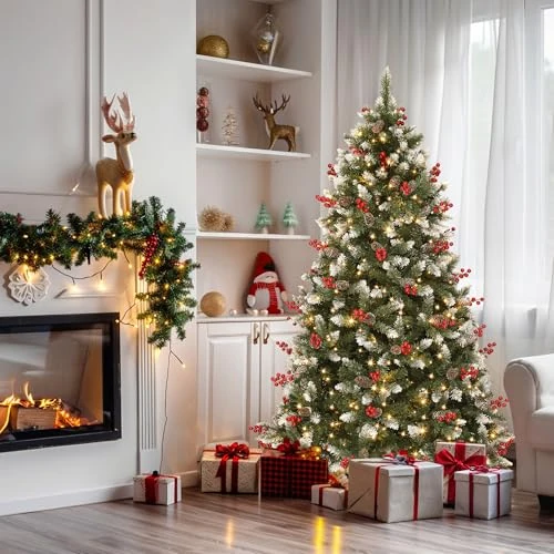 Offerta a tempo: YITAHOME Albero di Natale artificiale, 228 cm, pre-adornato con neve e 550 LED, 82 pigne, 82 bacche, circa 1398 punte, albero di Natale con sistema pieghevole e supporto in metallo, 228 x Φ135 cm - 35% da 99.99 € a 65.00 €