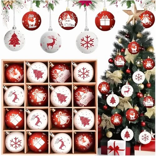 Naturezhen Juego de 16 bolas de Navidad blancas y rojas, bolas de árbol de Navidad de plástico con gancho, 6 cm, decoración navideña para casa y árbol, ideas de regalo