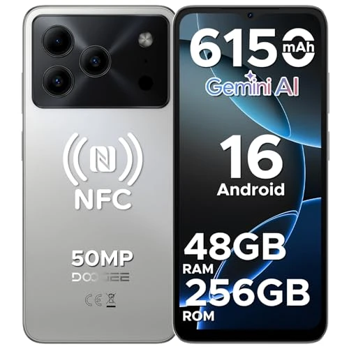 DOOGEE Note 56 Plus Smartphone Android 16, 48 GB + 256 GB/TF 2 TB Handys, 50 MP + 8 MP, 6150 mAh Handy, 6,56 Zoll 90 Hz Octa-Core Telefone, Fingerprint/Face ID/4G Dual SIM/Widevine L1/NFC - Silber