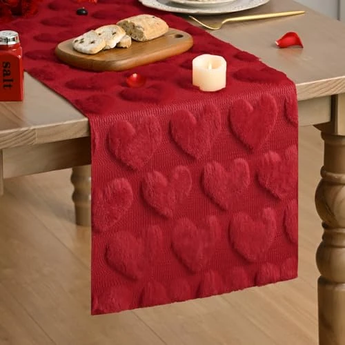Artoid Mode Soft Plush Faux Fur Red Love Heart Valentine's Day Table Runner, Seasonal Kitchen Dining Table Decoration for Home Party Decor 33x183 cm