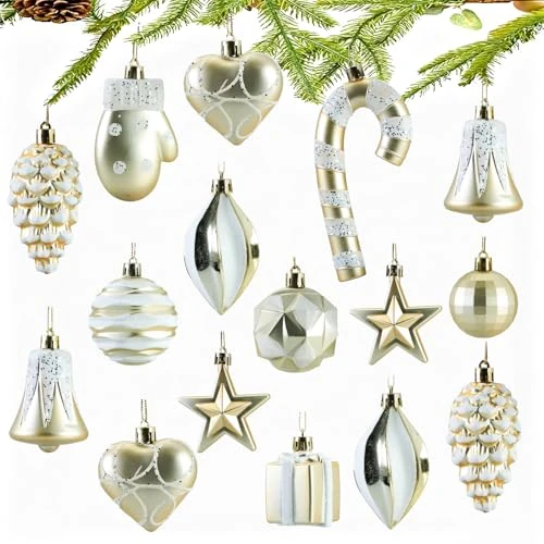 Christmas Baubles, Set of 16 Candy Christmas Tree Decorations, Christmas Tree Star Christmas Decorations, Christmas Tree Bauble with Hanging, Reusable Christmas Baubles Decoration (Champagne)