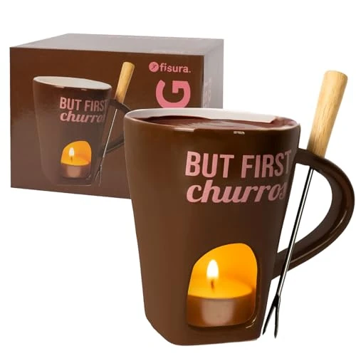 Limited-time offer: Fisura Original Chocolate Fondue Cup with Cup and Fork Brown Mug with Message "But First Churros" for Fondue Original Gift Mug 140ml from 19.50 £ to 19.50 £ (save 0.00%)