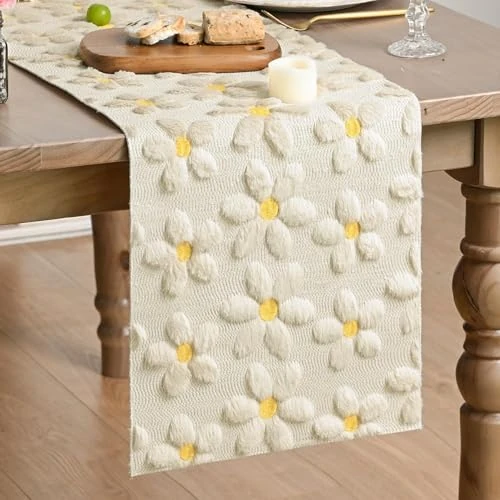 Artoid Mode Morbido peluche velluto finta pelliccia beige margherita primavera runner da tavolo estate cucina tavolo vacanza decorazione festa 33 x 153 cm