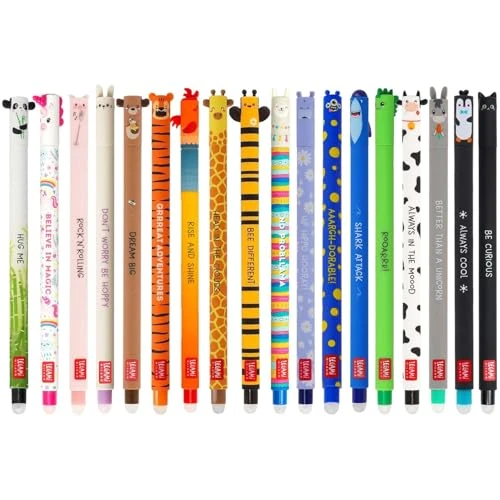 LEGAMI - Set mit 18 löschbaren Gelstiften mit thermosensitiver Radier-Tinte, Auswahl an Tintenfarben & Schaftdesigns, 0,7 mm Spitze, Tierdesigns, Huhn, Schwein, Esel, Kuh usw