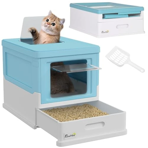 PawHut PP geschlossenes Katzenklo mit Paddel, faltbares Design, Katzentoilettenbox mit herausnehmbarem Tablett und 2 Türen, 47,5x35,5x36,7 cm, hellblau