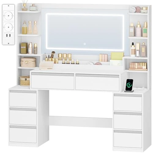 Tijdelijke aanbieding: HEXCELEN Grote Kaptafel met 3 Kleuren Ledverlichting, Make-uptafel met Spiegel en Verlichting, Stopcontacten, Haardrogerhouder, 8 Laden, Meerdere Open Opbergruimtes, 40 × 135 × 145,2 cm, Wit-Zilver van 199.99 EUR naar 199.99 EUR (korting 0%)
