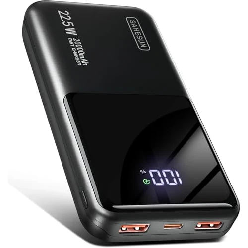 Power Bank 20 000 mAh 22,5 W PD3.0 QC4.0 Charge rapide Batterie externe 3 A USB C Chargeur portable avec écran LCD numérique 3 sorties et 2 entrées pour smartphone et plus (noir)