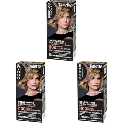Syoss by Palette Colorazione Permanente 7-1 Biondo Naturale, per capelli permanente con Cheratina, Tinta biondo naturale per 100% copertura dei capelli bianchi e fino a 100 giorni di colore intenso