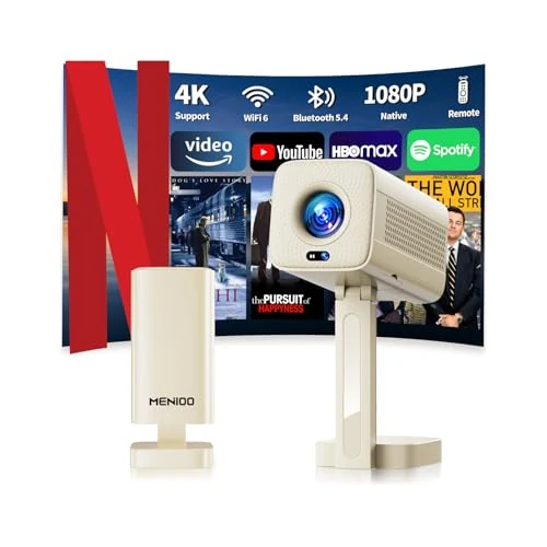 [2026 Upgraded & Apps Integrate] Proiettore 4K Support 1080P & Auto Focus/Keystone e Rotabile 90°, Mini Proiettore con WiFi 6 e Bluetooth 5.4 Compatibile con HDMI/TV Stick/Memory Stick/Laptop - Beige