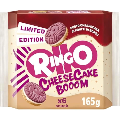 Pavesi Snack Ringo Cheesecake Booom, Biscotti Farciti con Crema Dolce al Formaggio e Biscotti ai Frutti di Bosco e Malto d'Orzo, Snack per Merenda o Pausa Studio, 165g