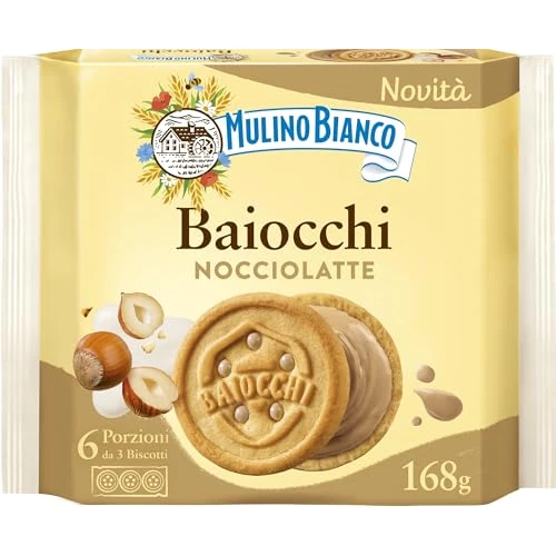 Limited offer: Mulino Bianco Biscuits Baiocchi Hazelnuts, Stuffed Pastafrolla Waffles with Hazelnut Cream 100% Italian from Sustainable Chains, Snacks Ideal for Breakfast or Snack, Without Palm Oil, 168 g from 4.99 EUR to 4.99 EUR (save 0%)