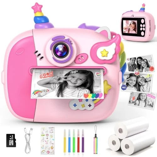 Wootoyz Macchina Fotografica Bambini Istantanea, Unicorno Regalo Bambina 3-12 Anni Fotocamera Digitale con 32 GB Unicorno Giocattoli Bambina 4-10 Anni Femmina Giochi Regalo di Pasqua 48MP 1080P