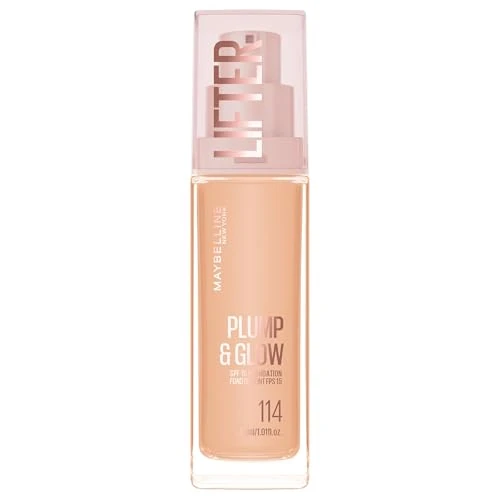 Maybelline New York Foundation with SPF20, Lifter Plump & Glow Foundation, All Day Wear, Buildable and Radiant Coverage, Plump and Brighter Skin Overtime, Shade: 114