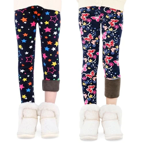 FILOWA Leggings for Girls 2-Pack Fleece Lined Kids High Waist Thermal Trousers with Stretchy Tights Pants Star Butterfly Patterns Thick Warm Legging School Casual Autumn Winter Bottom Child 4-5 Years