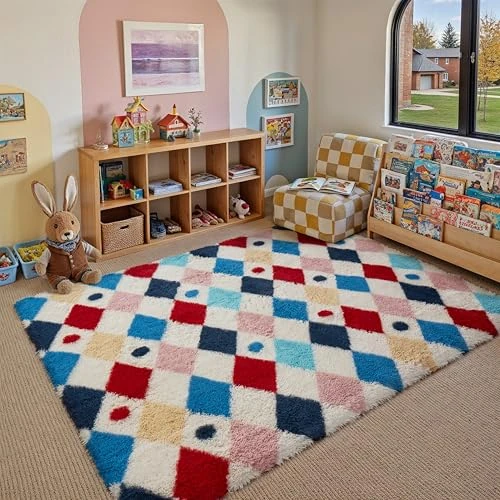 Offerta a tempo: HUGEAR Tappeto Salotto 120x180cm Pelo Lungo Grande Multicolore Bianco Morbido Tappeti Antiscivolo Moderno Camera da Letto Cucina Sala Scendiletto Esterno Bambina Tappeti Rombi Geometrico - 43% da 35.99 € a 20.67 €
