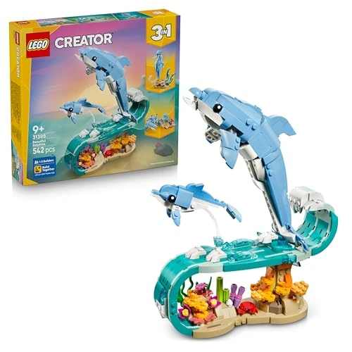 LEGO Creator 3-en-1 Animaux Marins : Les Beaux Dauphins - Jouet avec Figurine d'animal Marin se Transformant en Hippocampe ou Crabe - Décoration DIY - Cadeau Original pour Fille ou Garçon 9 Ans 31385