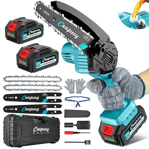 Tijdelijke aanbieding: 6" mini-kettingzaag Batterij 2x5000 mAh Elektrische zaag 880 W voor het snoeien van bomen Kleine elektrische kettingzaag met automatische smering voor in de tuin van 89.99 EUR naar 89.99 EUR (korting 0%)