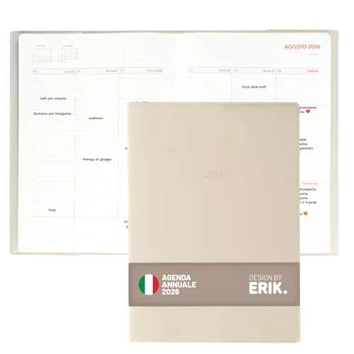 Tijdelijke aanbieding: Grupo Erik: Agenda 2026 in Italiaans - weekkalender 2026 A4, afsprakenplanner voor afspraken, intervallen van 30 minuten en notitieruimte, zachte omslag beige, weekplanner, jaarlijks en maandelijks van 18.05 EUR naar 18.05 EUR (korting 0%)