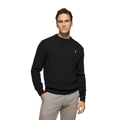 Offerta a tempo: Polo Club Maglione a Treccia da Uomo in Colore Nero con Logo e Scollo Tondo - 21% da 69.90 € a 54.90 €