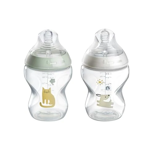 Tommee Tippee -Babyflessen, natuurlijke startfles voor 0 m+, verpakking van 2 stuks, 260 ml babyflessen, met langzame fleszuiger, tepelvrij, anti-koliek ventiel en BPA-vrij, groen en wit