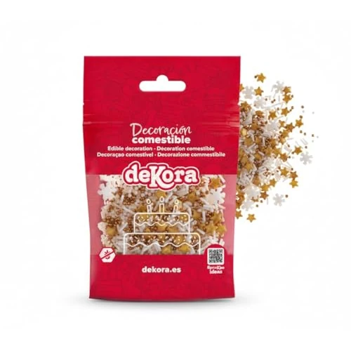 Offerta a tempo: dekora – Sprinkle Mix Fiocchi e Stelle Oro e Bianco 100g – Decorazioni Natalizie Eleganti per Torte e Cupcake – Glitter Commestibili per Torte – Senza Glutine e Lattosio - 51% da 8.99 € a 4.37 €