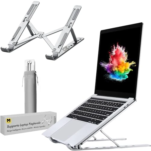 Laptopstandaard van aluminium, zilverkleurig, 7-traps verstelbaar, ergonomisch en antislip, geventileerd ontwerp, opvouwbaar en licht, compatibel met notebooks, MacBook en tablets van 10-17 inch