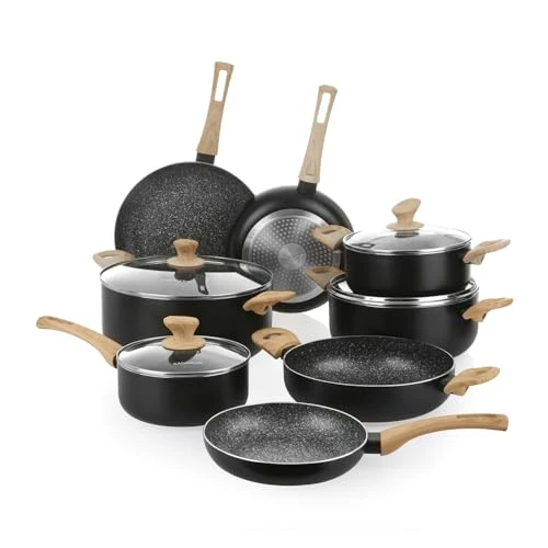 Limitiertes Angebot: KASANOVA Black Stone Topfset Medium aus Aluminium – Schwarzes Antihaft-Kochgeschirr mit Holzoptik-Griffen, Ohne Nickel und PFOA, Für Induktion und Alle Herdarten (12) von 259.00 EUR auf 259.00 EUR (Spare 0%)