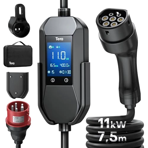 Offerta a tempo: Tera Mobile Wallbox EV Caricatore Tipo 2: 11 kW 400 V 7,5 m 6–16 A Display 2,8" Trifase CE & IP66 Cavo di ricarica con borsa Accessori per auto elettrica Adattatore EV P06 - 5% da 219.99 € a 208.99 €