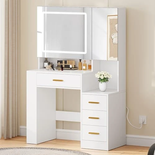 Tavolo da toeletta con illuminazione, cassetti in tessuto con specchio, luminosità regolabile, tavolo da toeletta con porte, tavolo da trucco con ripiano per gioielli, ripiani regolabili, colore legno