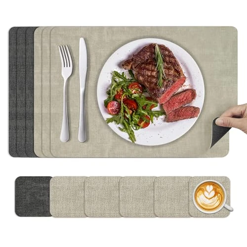 Offerta a tempo: KitchenBoss Tovagliette Americane Lavabili e Sottobicchieri：Tovaglietta Colazione, Bifacciale Antiscivolo Resistenti 43x30cm （6 Set） (Beige + nero) - 27% da 21.99 € a 16.14 €