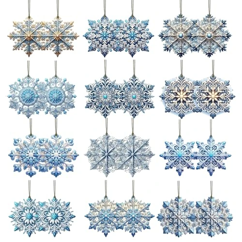 KLINNA Pack of 24 Blue Wooden Christmas Snowflake Pendants, 2D Laser Cut, Hanging Ornaments for Christmas Tree Decoration