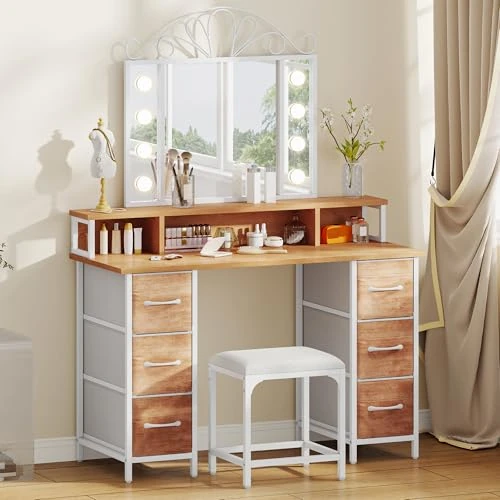 Coiffeuse avec éclairage, tiroirs en Tissu, tiroirs Miroir, luminosité réglable, Coiffeuse avec Portes, Table de Maquillage avec étagère à Bijoux, étagères réglables, Couleur Bois