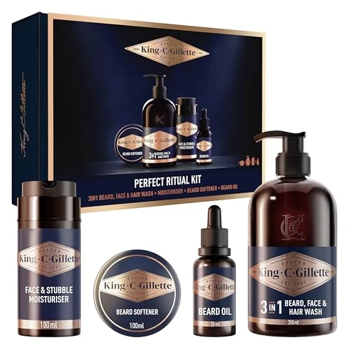 King C. Gillette Reise-Set für die perfekte Bartpflege für Männer, Geschenkset für Herren, inklusive Bart-, Gesichts- und Haarwäsche 3-in-1 + Feuchtigkeitscreme + Balsam 60 ml