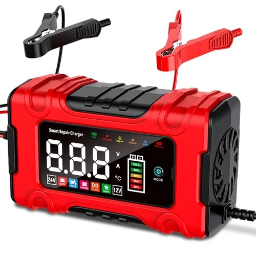 Chargeur de Batterie Voiture 10A, 12V/24V Chargeur Batterie Moto Intelligent avec Mode Réparation et Charge d'entretien pour Voitures, Motos et Camions, Batteries AGM, Gel, Humides, SLA et LiFePO4